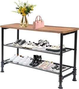 teakmama 3-tier shoe bench, shoe rack, shoe shelf storage bench with metal mesh shelves and seat, wood free standing shoe organizer for entryway, outdoor, living room