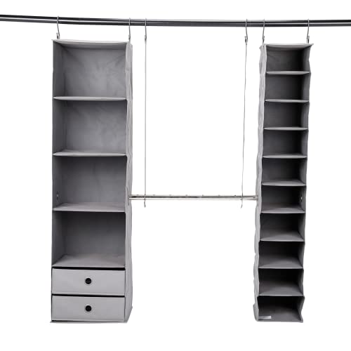 BIRDROCK HOME 5pc Hanging Closet Organizer System with Storage Shelves - Grey - Shoe Clothing Organization - Great for College Dorms or Kid Bedrooms Nursery