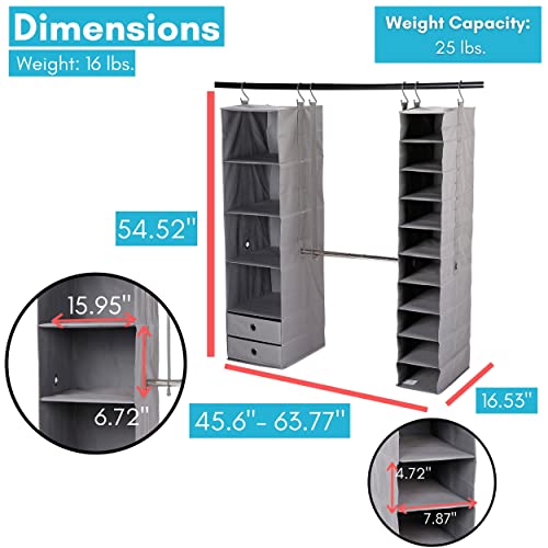 BIRDROCK HOME 5pc Hanging Closet Organizer System with Storage Shelves - Grey - Shoe Clothing Organization - Great for College Dorms or Kid Bedrooms Nursery