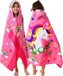 voova & movas large oversized kids hooded towels | soft cotton (30x50 inches) beach, bath, pool towels | summer beach essentials for girls ages 3-10 for toddler, floral unicorn