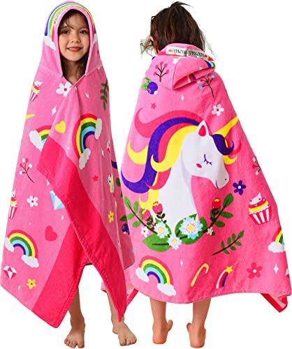 VOOVA & MOVAS Large Oversized Kids Hooded Towels | Soft Cotton (30X50 inches) Beach, Bath, Pool Towels | Summer Beach Essentials for Girls Ages 3-10 for Toddler, Floral Unicorn