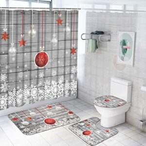 ikfashoni 4 pcs christmas shower curtains set with non-slip rugs, toilet lid cover and bath mat, grey vintage wooden shower curtain with 12 hooks, xmas snowflake shower curtain for bathroom