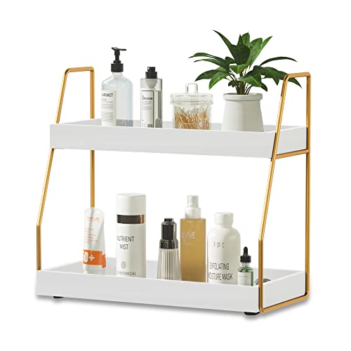 ZGO 2-Tier Bathroom Counter Organizer, Wood Bathroom Organizer Countertop Vanity Organizer Bathroom Tray, Kitchen Countertop Organizer and Bathroom Sink Organizer(White)