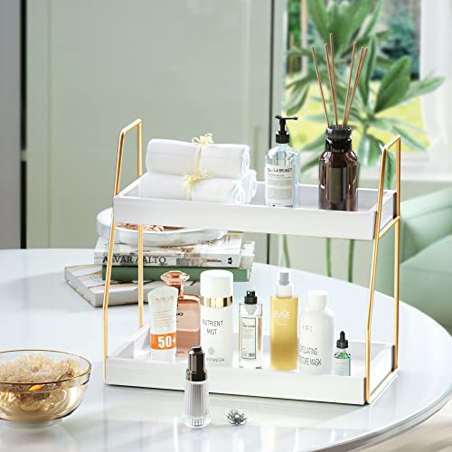 ZGO 2-Tier Bathroom Counter Organizer, Wood Bathroom Organizer Countertop Vanity Organizer Bathroom Tray, Kitchen Countertop Organizer and Bathroom Sink Organizer(White)