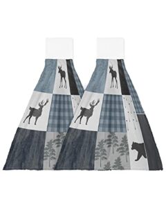 retro countryside bear moose woods hand towel with hanging loop, grey blue buffalo plaid hanging tie towels set 2 pcs, kitchen absorbent towel for bathroom tea bar laundry