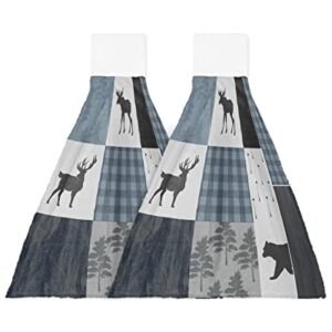 Retro Countryside Bear Moose Woods Hand Towel with Hanging Loop, Grey Blue Buffalo Plaid Hanging Tie Towels Set 2 Pcs, Kitchen Absorbent Towel for Bathroom Tea Bar Laundry