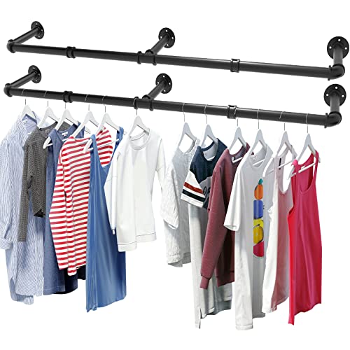 PNBO Wall Mounted Clothes Rack 72" Set of 2,Industrial Pipe Clothing Rack Wall Mounted Max Load 135Lb,Wall Mounted Garment Rack Space-Saving,Clothes Hanging Rod Bar Multi-Purpose Hanging