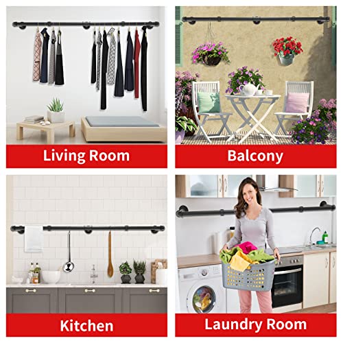 PNBO Wall Mounted Clothes Rack 72" Set of 2,Industrial Pipe Clothing Rack Wall Mounted Max Load 135Lb,Wall Mounted Garment Rack Space-Saving,Clothes Hanging Rod Bar Multi-Purpose Hanging