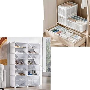 UNZIPE 8 Cube 32 Pairs Plastic Freestanding Shoe Rack Storage Cabinet Bundle with 2 Pack Plastic Closet Storage Bins with Handle