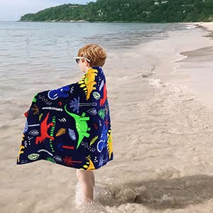 YIFONTIN Beach Towel for Kids, Velour Blanket Throw 24x48 inches 100% Cotton for Bath Swim Camping, Dinosaur.