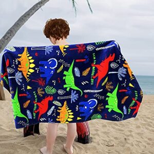 YIFONTIN Beach Towel for Kids, Velour Blanket Throw 24x48 inches 100% Cotton for Bath Swim Camping, Dinosaur.