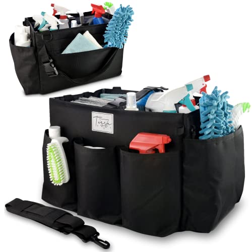 Professional Cleaning Caddy Organizer with Handle XL, Shoulder and Waist Straps - Cleaning Supplies Organizer - Cleaning Supply Caddy - Lots of Spacious Pockets for Cloths, Supplies (Black)