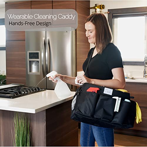 Professional Cleaning Caddy Organizer with Handle XL, Shoulder and Waist Straps - Cleaning Supplies Organizer - Cleaning Supply Caddy - Lots of Spacious Pockets for Cloths, Supplies (Black)