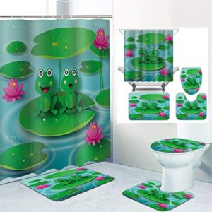 YSWOW 4PCS Bathroom Sets with Shower Curtain and Rugs and Accessories, Green Funny Cartoon Animal Frog on Rainy Tree Branch Modern Bathroom Decor Shower Curtain Sets with Rugs (Frog 15)