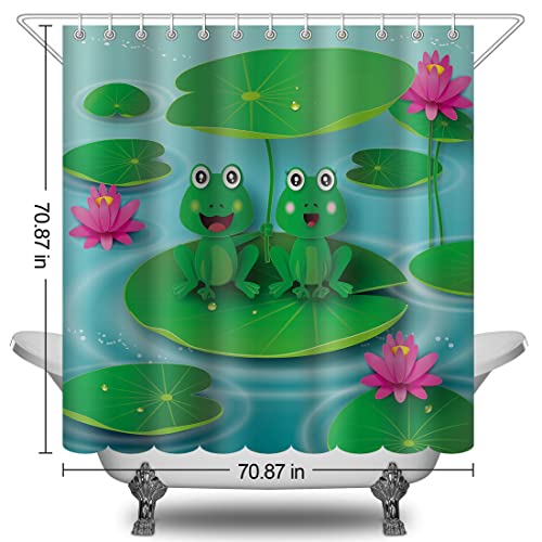 YSWOW 4PCS Bathroom Sets with Shower Curtain and Rugs and Accessories, Green Funny Cartoon Animal Frog on Rainy Tree Branch Modern Bathroom Decor Shower Curtain Sets with Rugs (Frog 15)