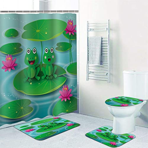 YSWOW 4PCS Bathroom Sets with Shower Curtain and Rugs and Accessories, Green Funny Cartoon Animal Frog on Rainy Tree Branch Modern Bathroom Decor Shower Curtain Sets with Rugs (Frog 15)