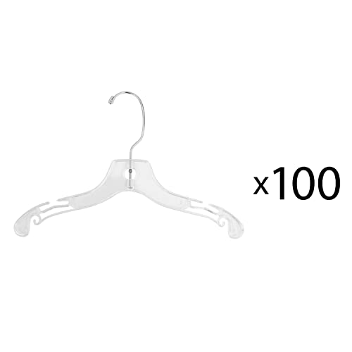 12 inch Wide Reinforced Clear Plastic Child Shirt Hangers with Swivel Hook and Notched Shoulders (Quantity 100) (Clear, 100)