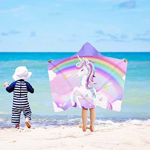 Unicorn Hooded Towel, Unicorn Beach Towel, Unicorn Towel for Girls 30" x 50", Cute Pink Rainbow Microfiber Absorbent Quick Dry Bath Swim Pool Towel Poncho Bathrobe with Hood Gifts for Kids Toddler