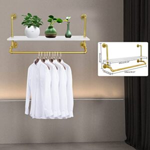 Floating Shelves Wall Mounted Gold Clothes Rack, Modern Wood Storage Shelf, Pipe Garment Rack with Shelves Closet Rods, Decor Wall Shelving for Bedroom, Bathroom, Bathroom, Kitchen, Living Room