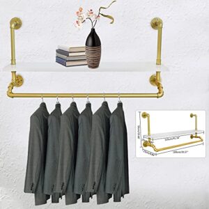 Floating Shelves Wall Mounted Gold Clothes Rack, Modern Wood Storage Shelf, Pipe Garment Rack with Shelves Closet Rods, Decor Wall Shelving for Bedroom, Bathroom, Bathroom, Kitchen, Living Room