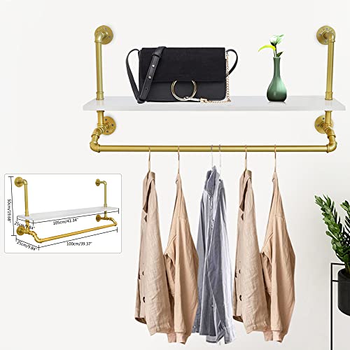 Floating Shelves Wall Mounted Gold Clothes Rack, Modern Wood Storage Shelf, Pipe Garment Rack with Shelves Closet Rods, Decor Wall Shelving for Bedroom, Bathroom, Bathroom, Kitchen, Living Room