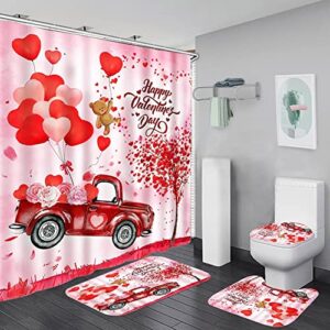 Ochine 4 Pcs Valentine's Day Shower Curtain Sets, Bathroom Shower Curtain Set with Non-Slip Rug, Toilet Lid Cover and Bath Mat, Romantic Rose Flower Gnomes Vintage Truck Bathroom Decor with 12 Hooks