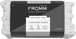 fromm softees air microfiber salon hair towels - 6 pack - fast drying towel for hair, hands, face – use at home, salon, spa, barber – 15.5" x 25.5" - extra durable and absorbent - white, 45248