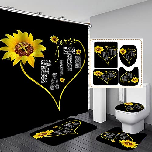 Stocauoi Sunflower 4-Piece Set Shower Curtains Waterproof, Creative 3D Shower Curtain Set, Non-Slip Rug, Toilet Lid Cover and Bath Mat, Bathroom Decoration 12 Hooks-36" X 72"