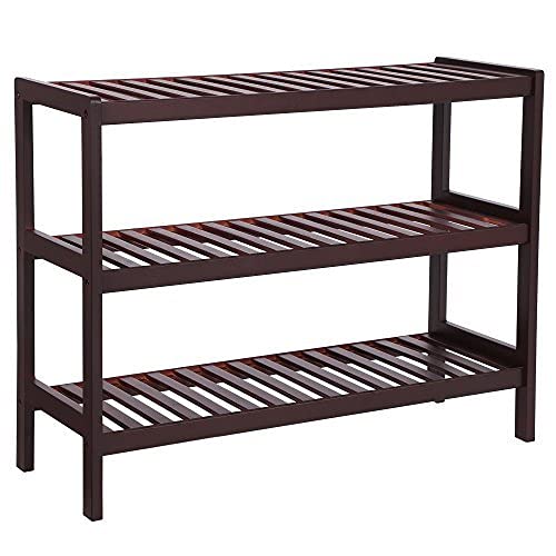 SONGMICS Bamboo Shoe Rack Bench, 3-Tier Shoe Organizer，Utility Storage Shelf Rack, Storage Shelf, 3-Shelf Shelving Unit,for Entryway Hallway Bathroom Living Room and Corridor Brown