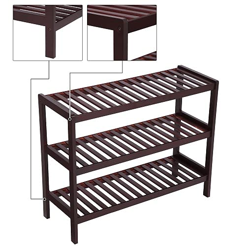 SONGMICS Bamboo Shoe Rack Bench, 3-Tier Shoe Organizer，Utility Storage Shelf Rack, Storage Shelf, 3-Shelf Shelving Unit,for Entryway Hallway Bathroom Living Room and Corridor Brown