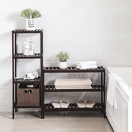 SONGMICS Bamboo Shoe Rack Bench, 3-Tier Shoe Organizer，Utility Storage Shelf Rack, Storage Shelf, 3-Shelf Shelving Unit,for Entryway Hallway Bathroom Living Room and Corridor Brown