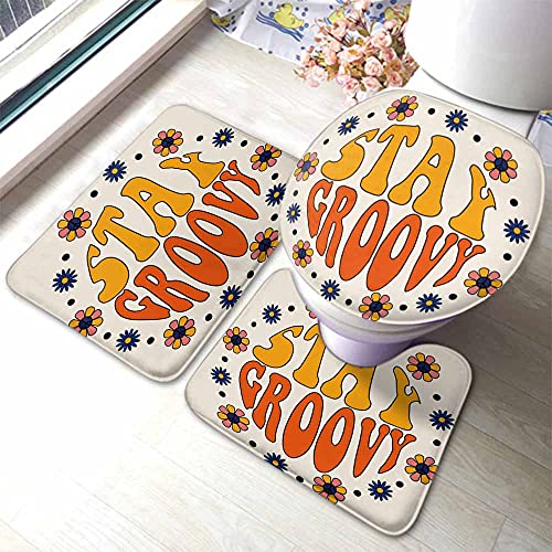 AOYEGO Stay Groovy 3 Pieces Bathroom Rugs Set Seventies Retro Hippie Flowers in Circle Non Slip 23.6X15.7 Inch Soft Absorbent Polyester for Tub Shower Toilet