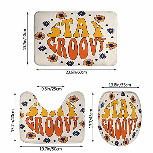 AOYEGO Stay Groovy 3 Pieces Bathroom Rugs Set Seventies Retro Hippie Flowers in Circle Non Slip 23.6X15.7 Inch Soft Absorbent Polyester for Tub Shower Toilet