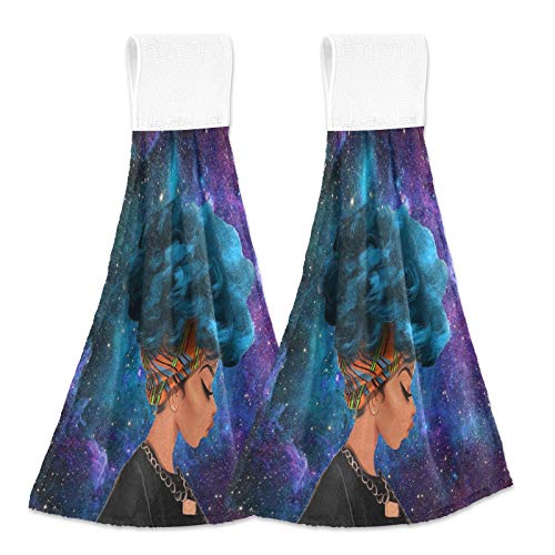 Black African Woman Kitchen Hanging Towel 12 x 17 Inch American Lady Galaxy Hand Bath Towels Tie Dry Towels Set 2 Pcs Tea Bar Dish Cloths Towel Soft Absorbent Durable for Bathroom Laundry Room Decor