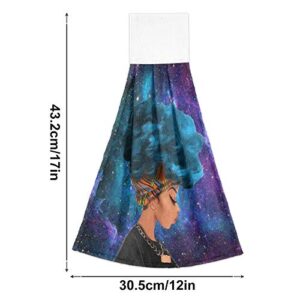 Black African Woman Kitchen Hanging Towel 12 x 17 Inch American Lady Galaxy Hand Bath Towels Tie Dry Towels Set 2 Pcs Tea Bar Dish Cloths Towel Soft Absorbent Durable for Bathroom Laundry Room Decor