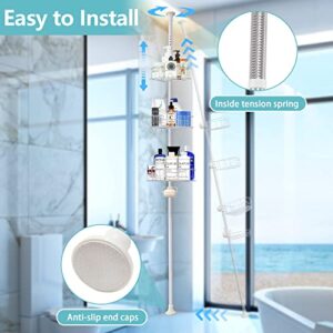 White Corner Shower Caddy Tension Pole - Heavy Duty Stainless Steel Shower Organizer Tension Pole - Adjustable Shower Pole Caddy for Inside Bathroom and Bathtub - 4 Tier Shelves, 40 to 120 Inch