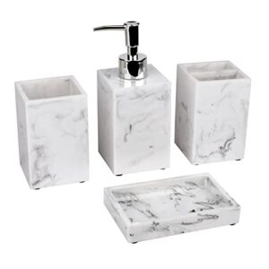 EdSanGa 4 PCs Bathroom Accessories Set, White Marble veining Bathroom Set, Made of Resin, Soap Dispenser, Toothbrush Holder, Bathroom Tumbler, Soap Dish