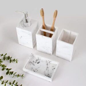 EdSanGa 4 PCs Bathroom Accessories Set, White Marble veining Bathroom Set, Made of Resin, Soap Dispenser, Toothbrush Holder, Bathroom Tumbler, Soap Dish