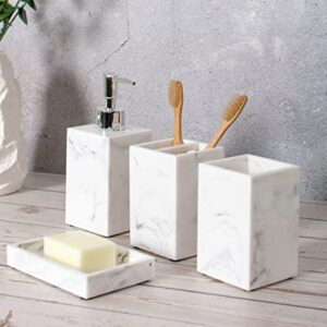 EdSanGa 4 PCs Bathroom Accessories Set, White Marble veining Bathroom Set, Made of Resin, Soap Dispenser, Toothbrush Holder, Bathroom Tumbler, Soap Dish