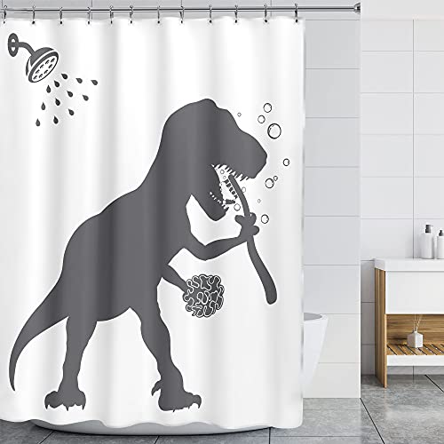 LGhtyro Funny Dinosaur Shower Curtain, Dino Shower Curtain for Kids Boy, 60Wx71H Inch Trex Raptor Silhouette, Black White Cartoon Animal Shadow Bathroom Accessories Art Home Decor