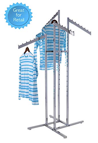 Only Garment Racks - Heavy Duty Chrome 4 Way Rectangular Arm Clothing Rack, Adjustable Height Waterfall Arm Garment Rack, Perfect for Retail Clothing Store Display - Rectangular Tubing Slant Arms