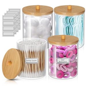 4 pack qtip holder, apothecary jars with lids, q tip holder dispenser for cotton ball, cotton swab, cotton round pads, floss - 10 oz acrylic cotton ball holder bathroom organizer bathroom jars (4pack q tip dispenser)