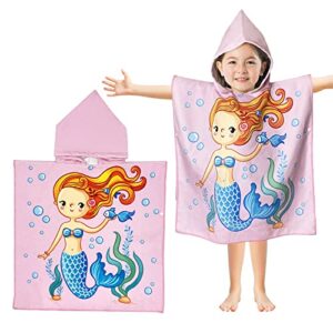 kids mermaid beach towel with hooded for girl 1-6 years | baby toddler bath towel for pool swiming hood | children microfiber towel, pink
