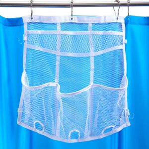 smooth trip mesh shower organizer and hanging bathroom caddy with dispenser pockets, movable hooks and no-rust grommets