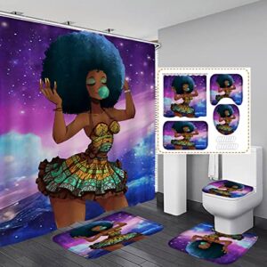 African American Woman Shower Curtains for Bathroom, 4PCS Bathroom Sets Include 1 Fabric Shower Curtain, 2 Non-Slip Bathroom Rugs and 1 Toilet Lid Cover, Black Girl Bathroom Decor (Purple)