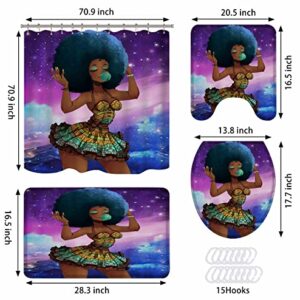 African American Woman Shower Curtains for Bathroom, 4PCS Bathroom Sets Include 1 Fabric Shower Curtain, 2 Non-Slip Bathroom Rugs and 1 Toilet Lid Cover, Black Girl Bathroom Decor (Purple)