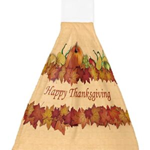 Happy Thanksgiving Orange Kitchen Hanging Towel Hand Towels with Loop, 1 Pack Soft Absorbent Tie Towel for Bathroom Farm Crops Pumpkin and Maple Leaves Tea Bar Dish Cloths Home Cleaning Terry