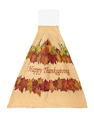 Happy Thanksgiving Orange Kitchen Hanging Towel Hand Towels with Loop, 1 Pack Soft Absorbent Tie Towel for Bathroom Farm Crops Pumpkin and Maple Leaves Tea Bar Dish Cloths Home Cleaning Terry