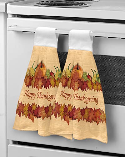 Happy Thanksgiving Orange Kitchen Hanging Towel Hand Towels with Loop, 1 Pack Soft Absorbent Tie Towel for Bathroom Farm Crops Pumpkin and Maple Leaves Tea Bar Dish Cloths Home Cleaning Terry