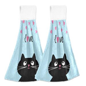 cooldeer 2 pcs love cat kitchen hand towels fast dry hanging tie towels soft coral velvet dish wipe cloth for kitchen bathroom use